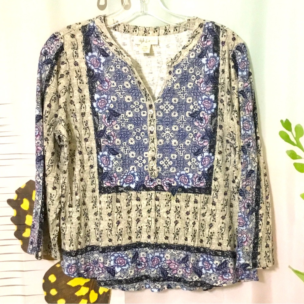 Style & Co Shirt Women’s Petite Medium Blue & Tan Long Sleeve Tunic Blouse